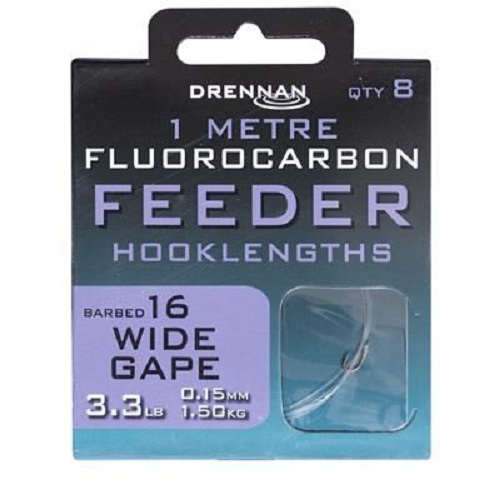 [PROV1451] DRENNAN FLUOROCARBON 1MT FEEDER WIDE GAPE BARBED 16 3.3LB 0.15MM 1.50KG 8 UND