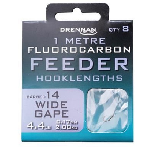 DRENNAN FLUOROCARBON 1MT FEEDER WIDE GAPE BARBED 14 4.4LB 0.17MM 2.00KG 8 UND