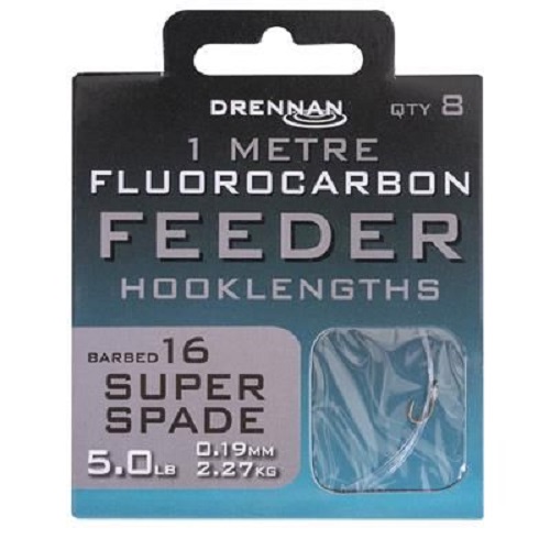 [PROV1425] DRENNAN FLUOROCARBON FEEDER HOOKLENGTHS SUPER SPADE SIZE 16 5LB 0.19MM 2.27KG 1M (8 UNID)