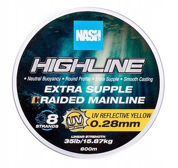 Nash Highline Extra Supple Braid 0.28mm 600m 35lb 15.87kg Uv Yellow T6029