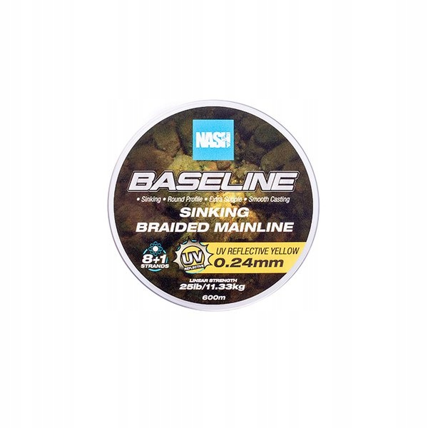 NASH BASELINE SINKING BRAIDED MAINLINE REFLECTIVE YELLOW 25LBS 0.24MM 11.33KG 600M T6009