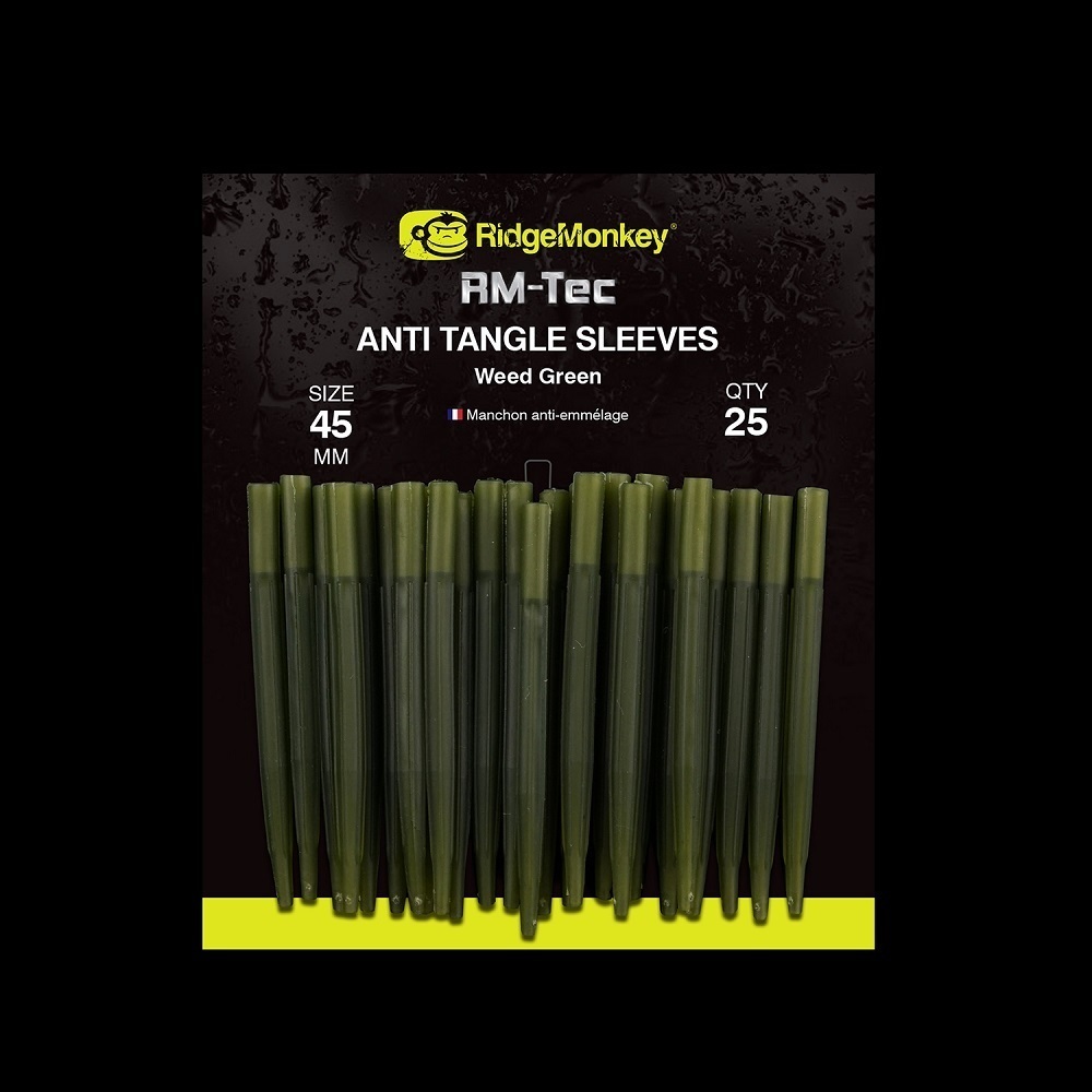 RIDGEMONKEY RM TEC ANTI TANGLE SLEEVES WEED GREEN LONG 45 MM 25 QTY RMT107