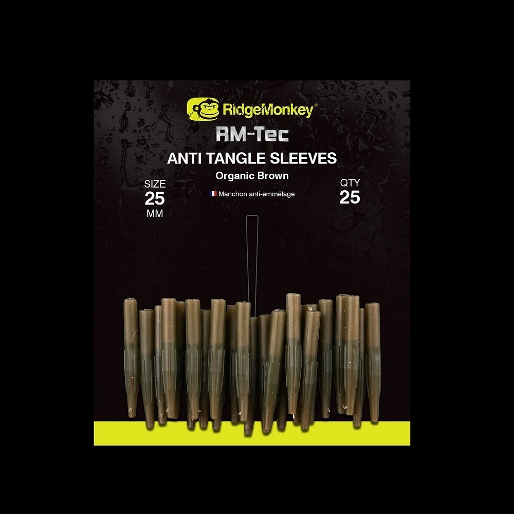 [RMT110] RIDGEMONKEY RM TEC ANTI TANGLE SLEEVES ORGANIC BROWN SHORT 25MM 25QTY RMT110